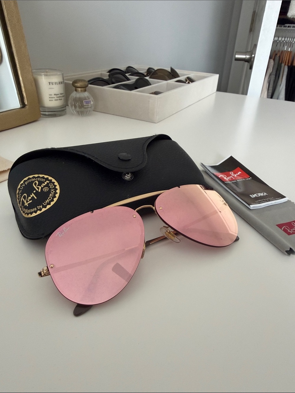 Ray-Ban Women's Pink Lensed Aviator Sunglasses with Gold Frame